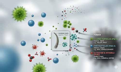 Infographic showing air quality health risks in Sri Lanka by comparing PM10 and PM2.5 particle sizes to a human hair.